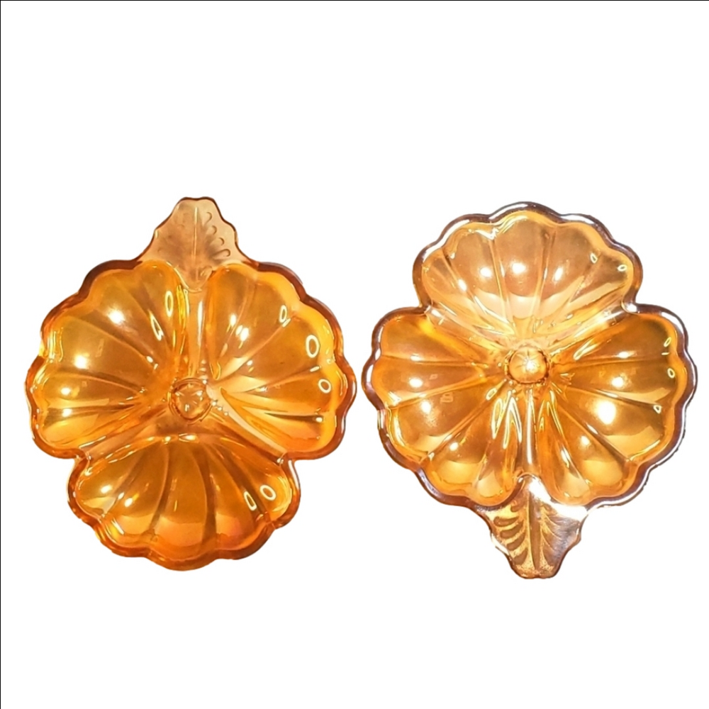 VINTAGE CARNIVAL GLASS Pair Jeannette Iridescent Marigold Clover Leaf Dish EUC